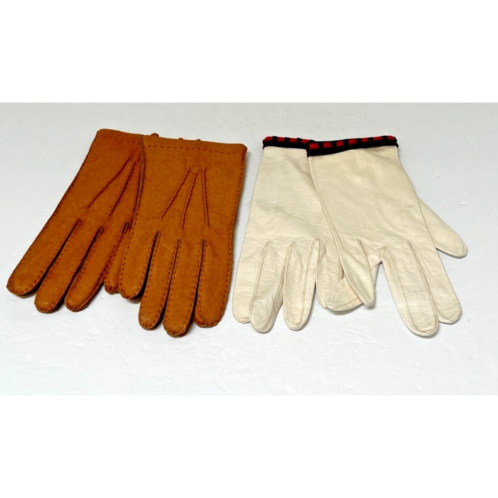Vtg Two Pair Light Fawn and White Genuine Leather Gloves Suede Women's Size 7.5